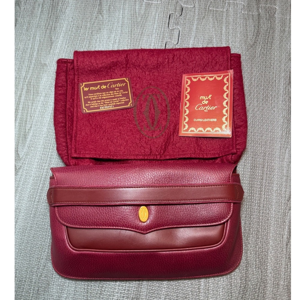 Must‎ de Cartier Vintage Burgundy Leather Clutch Bag Bordeaux Gold Logo France